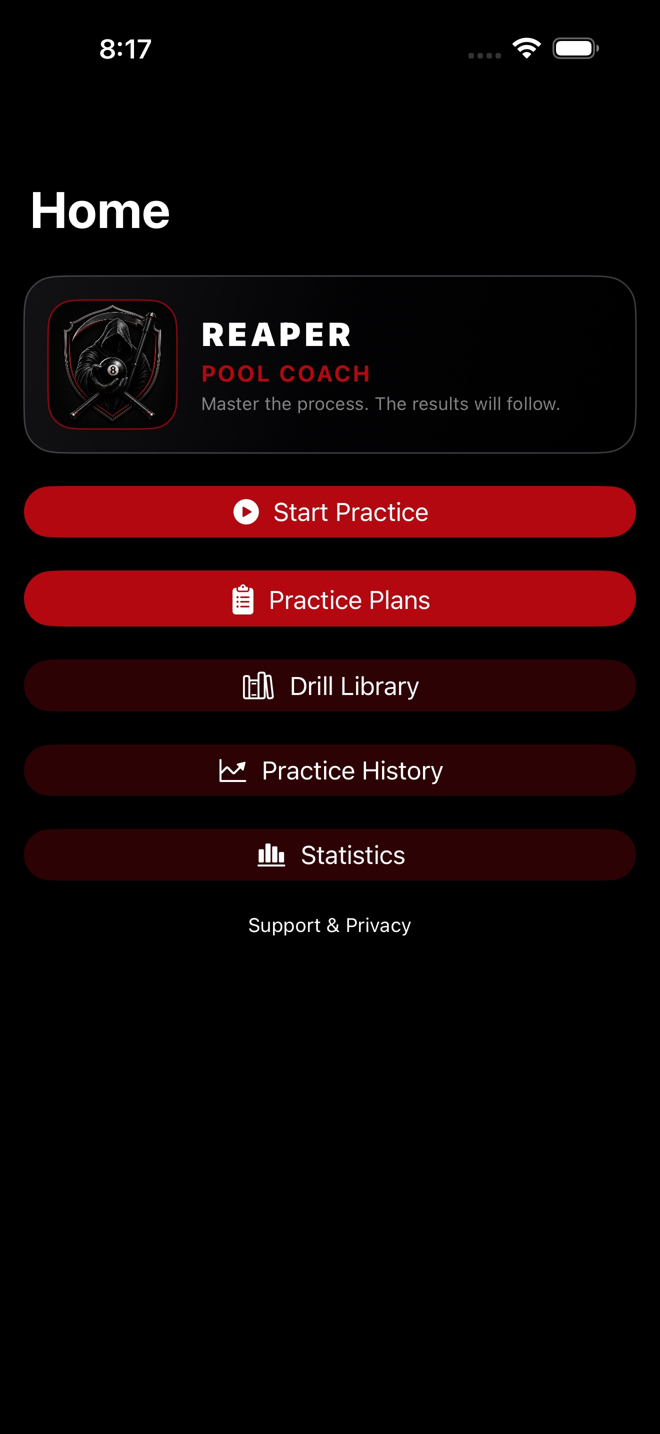Reaper Coach home screen with Start Practice, Practice Plans, Drill Library, and weekly practice goal